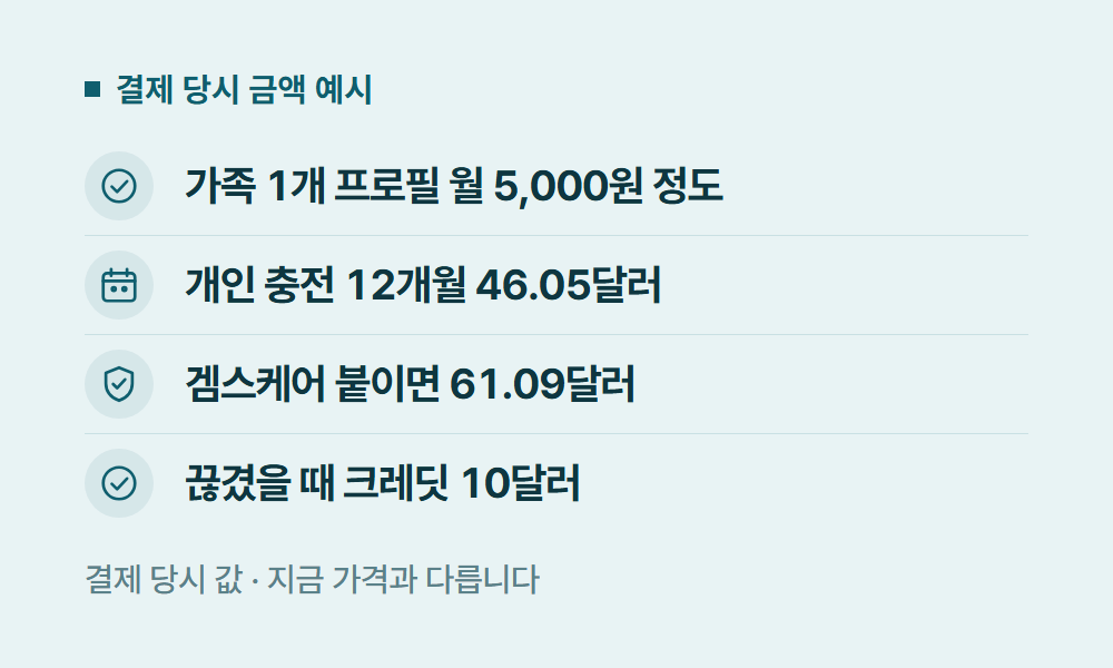 유튜브가격 결제 당시 금액 예시