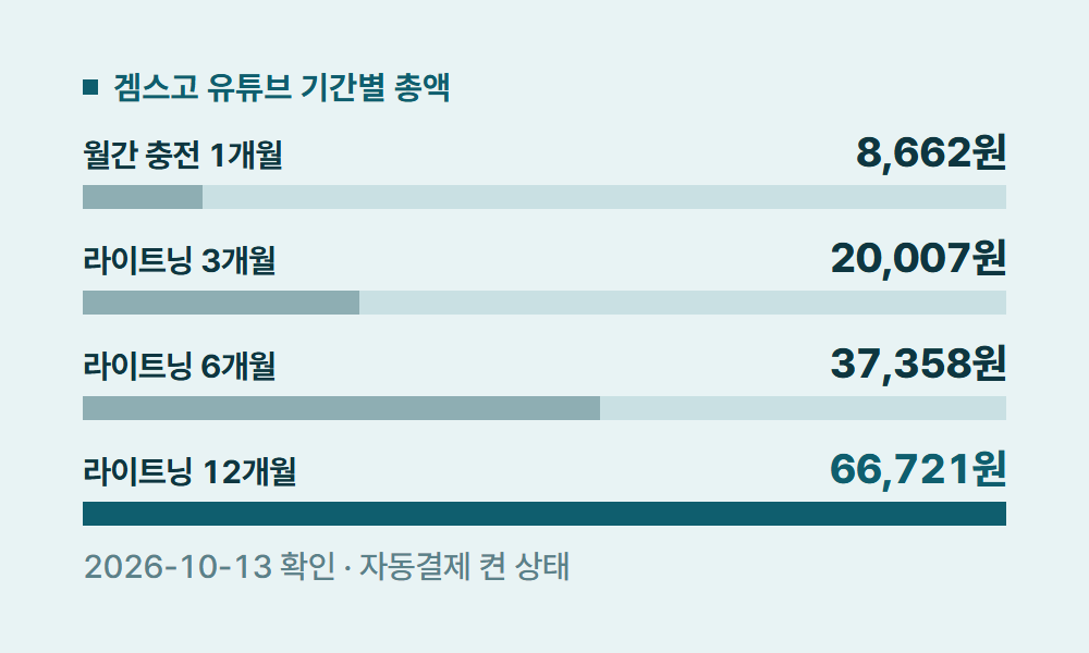 유튜브프리미엄가격인상 겜스고 유튜브 기간별 총액